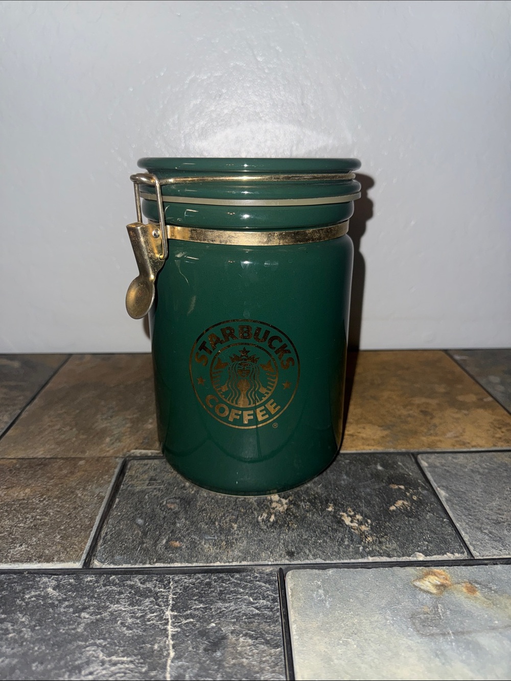 Starbucks Dark Green Ceramic Coffee Jar with Brass Clamp
